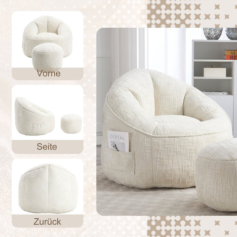Zitzak met Voetensteun - Stoel met Hoge Druk Schuimvulling - Ergonomisch Ontwerp - Chenille Stof - 89x88x76 cm - Beige