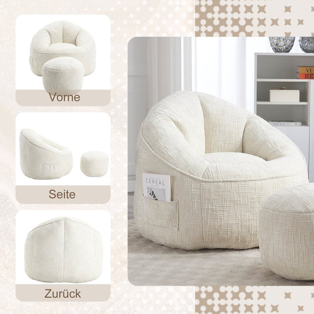 Zitzak met Voetensteun - Stoel met Hoge Druk Schuimvulling - Ergonomisch Ontwerp - Chenille Stof - 89x88x76 cm - Beige