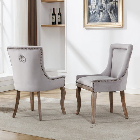 Deluxe Eetkamerstoelen - Grijs (2 stuks) – Gestoffeerde Stoelen met Massief Houten Poten en Fluwelen Bekleding