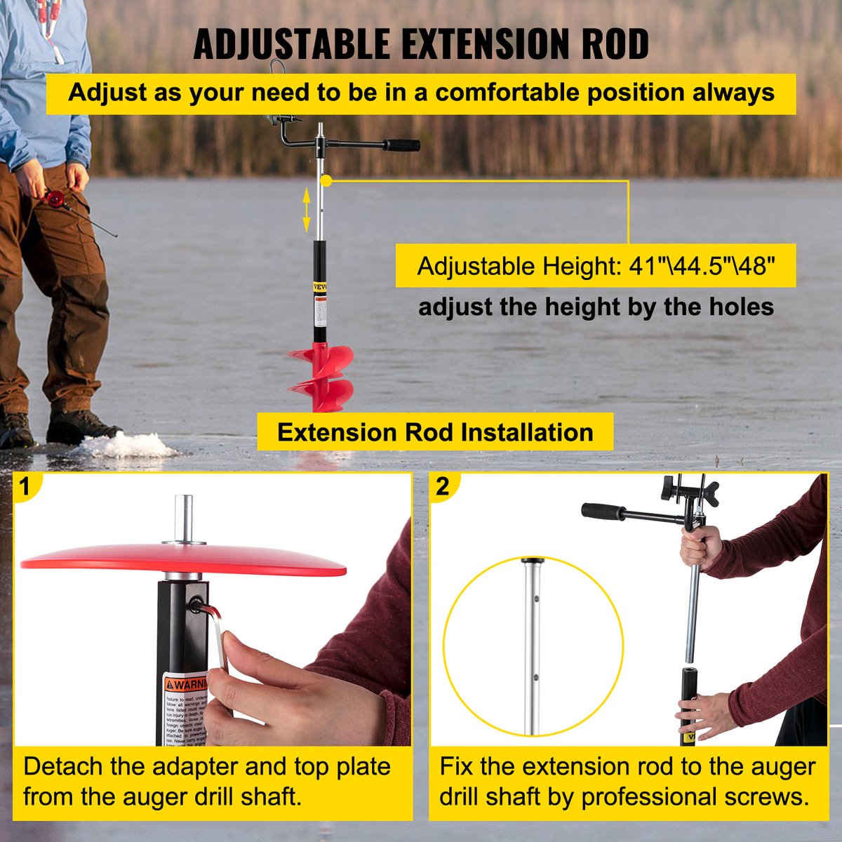 Ijsvijzel - Boor Is Van Nylon - Hoofdas Is Van Aluminium - Messen Is Van Hoogwaardig Staal - Met Drie Verstelbare Lengte Verlengstang En Adapterm, Verlengstang En Adapter - Maximale Boordiepte Van 41 Inch - Rood/Zwart
