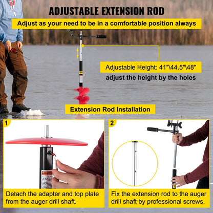 Ijsvijzel - Boor Is Van Nylon - Hoofdas Is Van Aluminium - Messen Is Van Hoogwaardig Staal - Met Drie Verstelbare Lengte Verlengstang En Adapterm, Verlengstang En Adapter - Maximale Boordiepte Van 41 Inch - Rood/Zwart