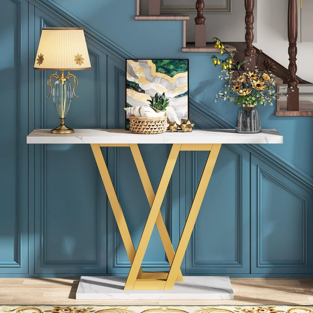 Console Tafel - Bijzettafel - Sidetable Modern - met Metalen Basis in Roostervorm - Metalen Frame - Wit en  Goud - 110 x 30 x 80 cm