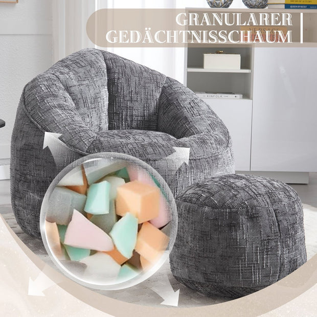 Zitzak met Voetensteun - Loungestoel met Hoge Druk Schuimvulling - Beanbag Ergonomisch Ontwerp - Chenille Stof – 89x88x76 cm - Grijs