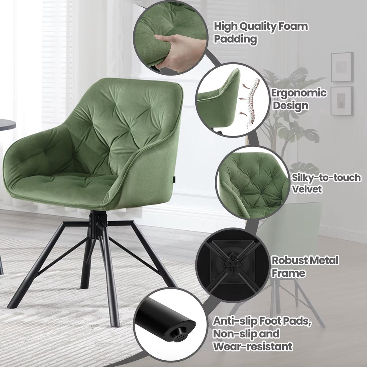 Dining room chair - Set of 2 chairs - Velvet dining room chair - Dining table chair - Armchair - Swivel - Velvet - Metal leg - Green