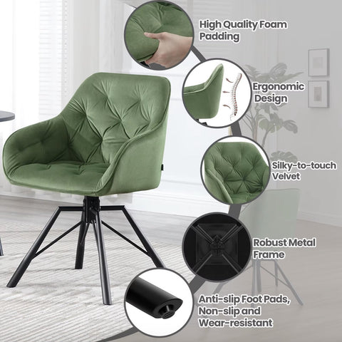 Eetkamerstoel - Set van 2 stoelen - Fluweel eetkamer stoel - Eettafel stoel - Fauteuil - Draaibaar - Velvet - Metalen poot - Groen