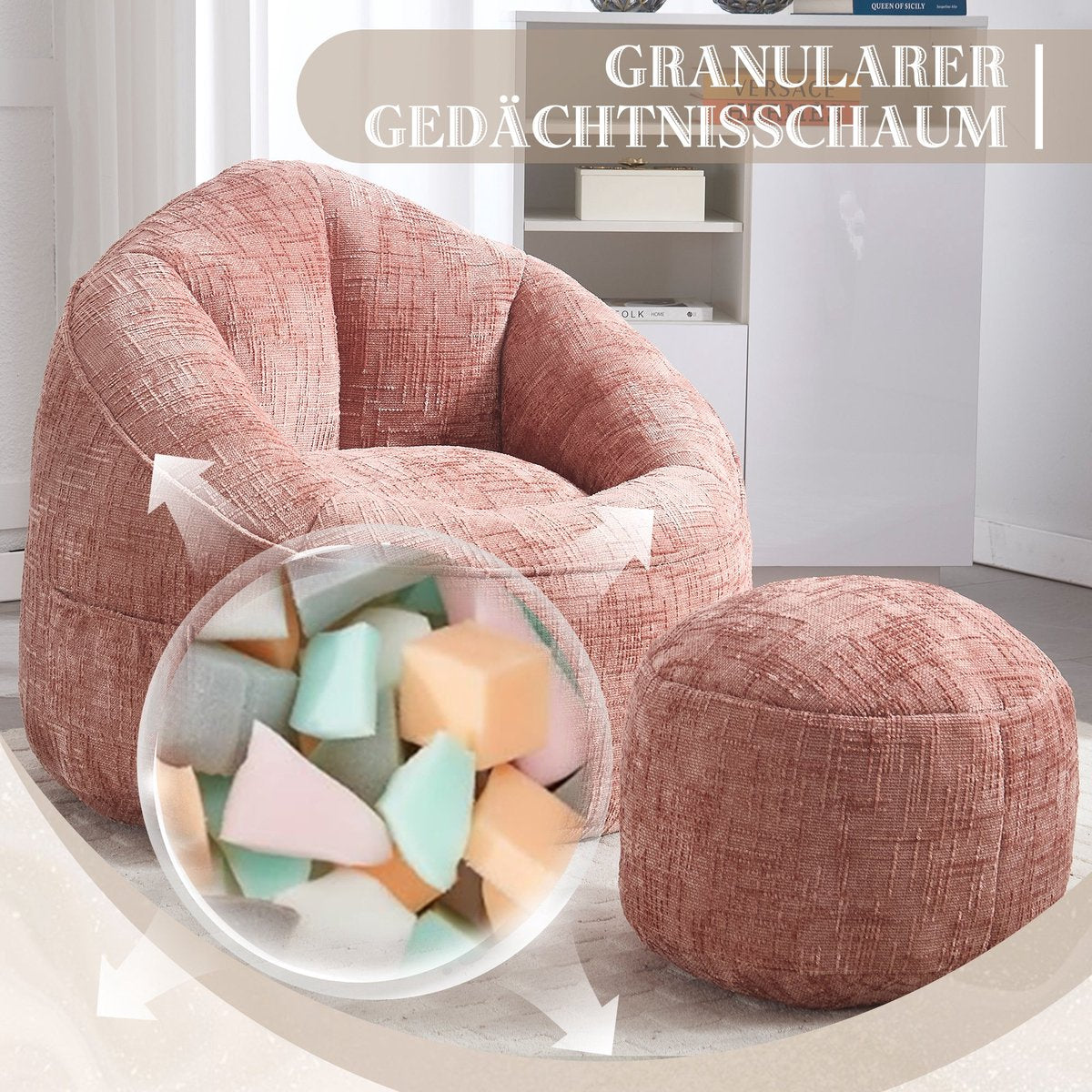 Zitzak Stoel met Voetensteun - Beanbag in Luxe Chenille Stof - Hoge Druk Schuimvulling - Ergonomisch Ontwerp - 89x88x76 cm - Roze