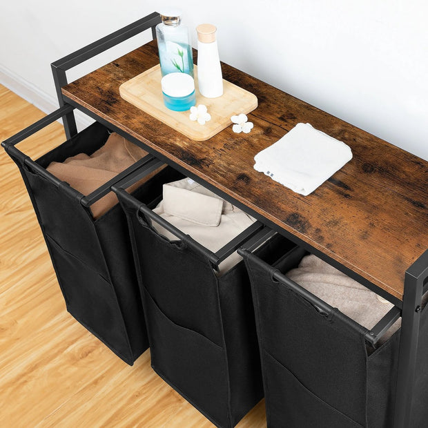Laundry Basket With 3 Compartments - Capacity 120 Liters - Laundry Basket With Shelf And Pull-Out Bags - Laundry Sorter For Utility Room Bedroom Bathroom Dormitory - Black