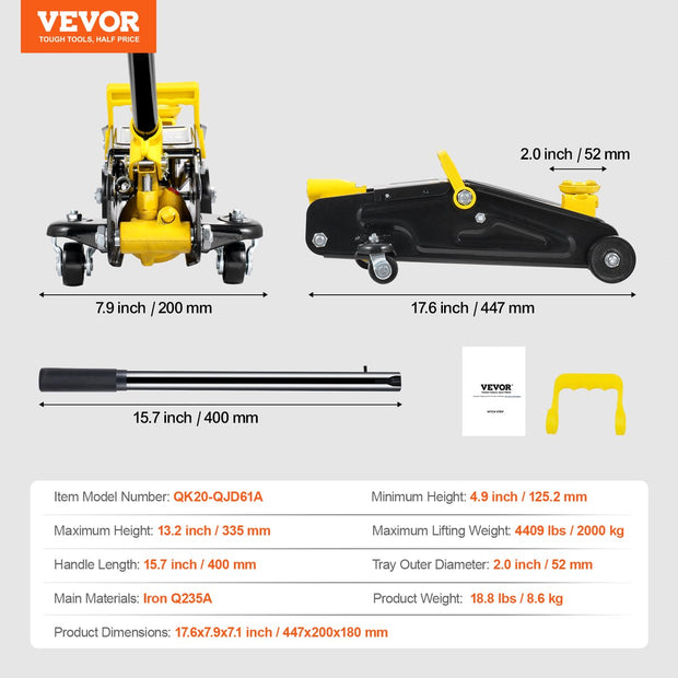 Laag Profiel Krik - 2 Ton Hefvermogen - Hefbereik 125.2-335 mm - Robuuste IJzerconstructie - Veiligheidssysteem - Praktisch Ontwerp - Geschikt voor Auto's - Pick-up Trucks en SUV's - Geel