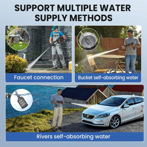 Pressure Washer - High Pressure Sprayer - 3 Gears - Cordless - Full Set - Foam Spray - 6in1 Adjustable Nozzle - 5meter Hose - 5 Accessories - 2x Battery Included - 60Bar - 10L/M - 10meter Range - 21V Battery - Black