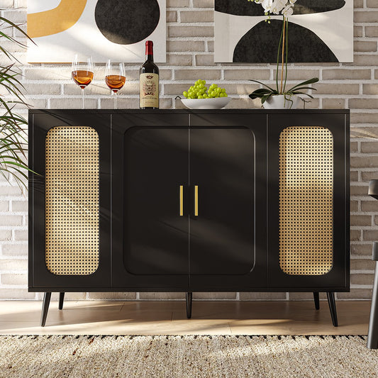 Dressoir Buffetkast Halkast met opbergruimte en blisterdeuren rotan houten voor keuken en woonkamer Zwart