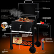 Grillwagen - trolley XL houtskoolbarbecue met deksel - wielen roestvrijstalen handgreep grillrooster en thermometer - ‎45 x 115 x 105 cm - Zwart