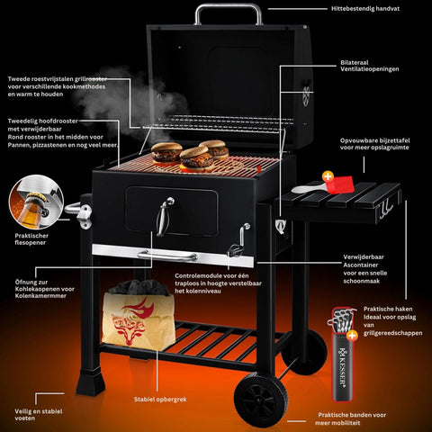 Grillwagen - trolley XL houtskoolbarbecue met deksel - wielen roestvrijstalen handgreep grillrooster en thermometer - ‎45 x 115 x 105 cm - Zwart