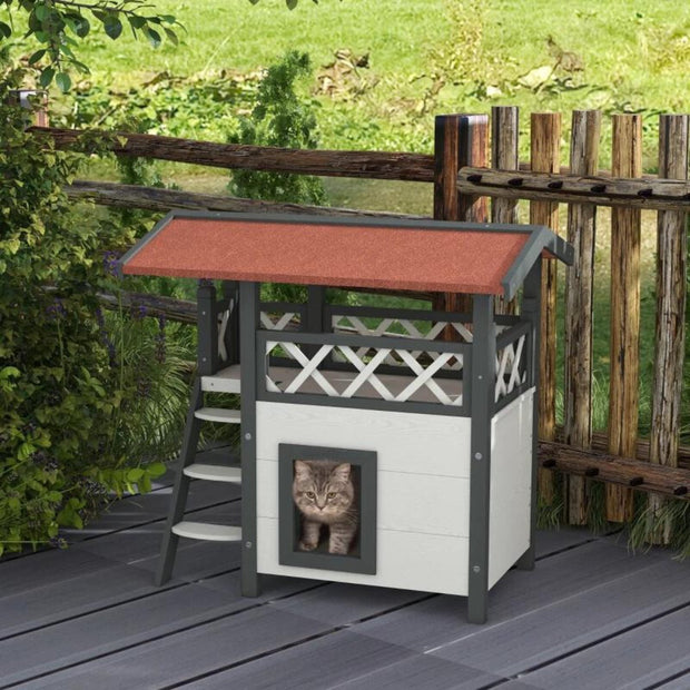 Kattenhuis - voor Buiten – Duurzaam Houten Hok - met 2 Verdiepingen – Ruime Kooi - Bench en Ren – Weerbestendig en Comfortabel – Wit