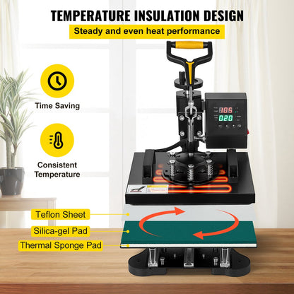 Warmte Persmachine Transferpers - 2 In 1 Hittepers - Met 25,4 x 30,5 cm Hitteplaat, Digitale Led-temperatuurregelaar - Voor Het Aanbrengen Van Letters - Cijfers En Patronen Op Petten - T-Shirts - Kopjes - Borden - Zwart