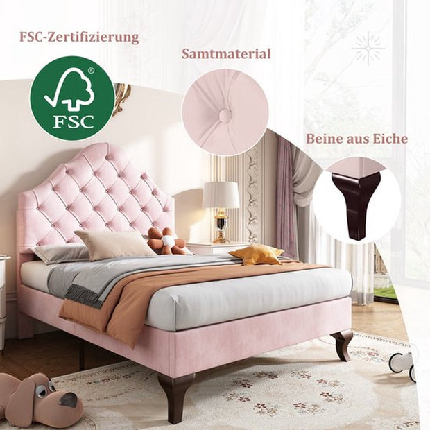 Enkel bed,Gemakkelijke montage, 90*200cm Gestoffeerd bed met lattenbod en hoofdeinde, Gestoffeerd bed met in hoogte verstelbaar hoofdeinde, Jeugdbed, Houten lattensteun, Fluweel, roze