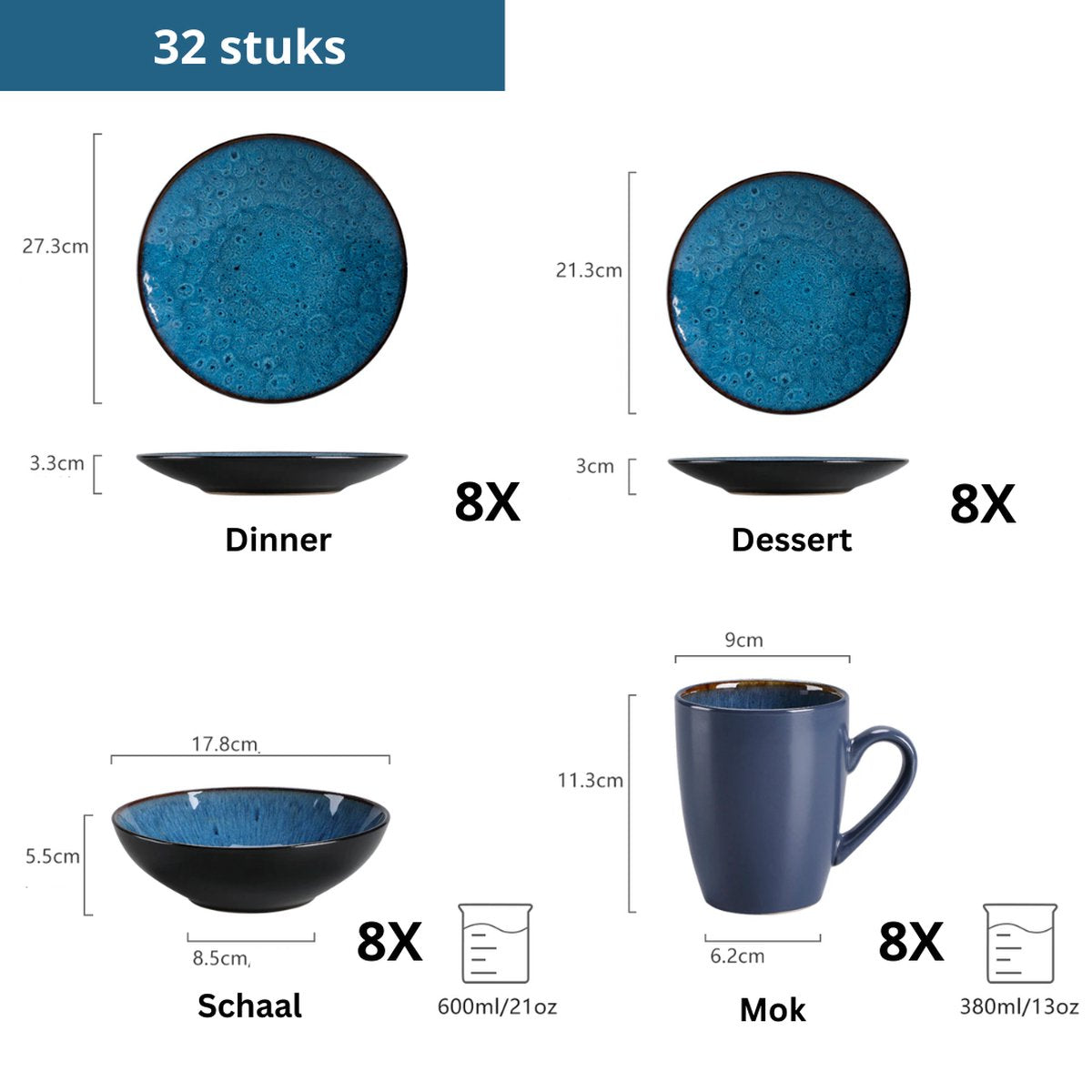 Dinnerware set - 8 persons - Porcelain - Dinnerware sets - 32 pieces - Plate set 8 persons - Plate set 32 ​​pieces - Blue