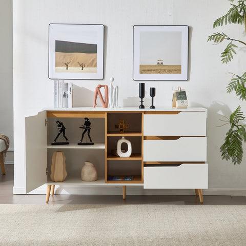 Moderne witte dressoirkast – 140x40x80,5 cm – Opbergkast met 3 lades, open compartimenten en planken – Dressoir met kantelbeveiliging – Voor woonkamer, hal of slaapkamer