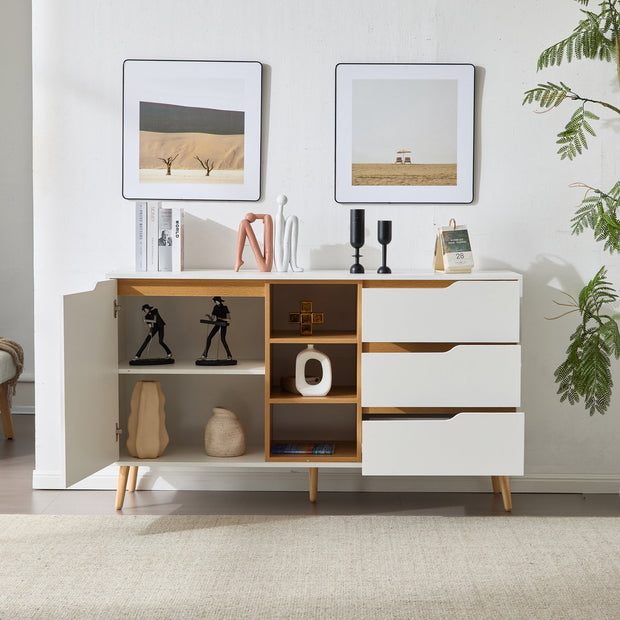 Moderne witte dressoirkast – 140x40x80,5 cm – Opbergkast met 3 lades, open compartimenten en planken – Dressoir met kantelbeveiliging – Voor woonkamer, hal of slaapkamer