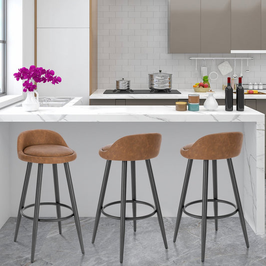 Barkruk – Barkrukken Set van 2 – Barkruk met Rugleuning – Bar Stool –Zitvlak Fluweel- Barkrukken met Voetensteun – Zithoogte 69,5 cm - Bruin Leer