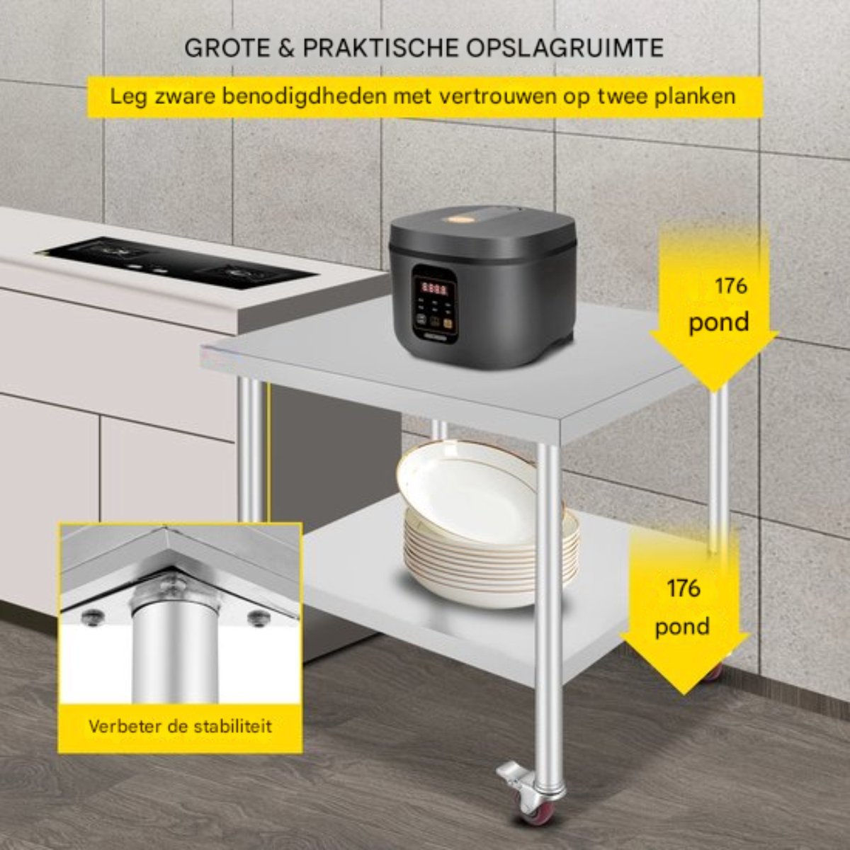 Zilveren Commerciële Keuken Werktafel - RVS - 95x61 cm - Verrijdbaar