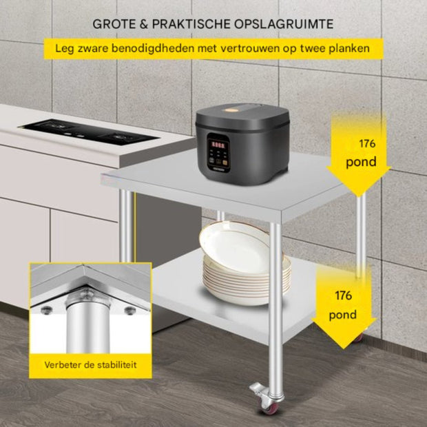 Zilveren Commerciële Keuken Werktafel - RVS - 95x61 cm - Verrijdbaar