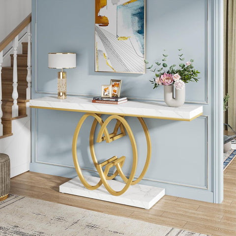 Moderne Console Tafel - Dressoirtafel met Geometrische Metalen Poten - Bijzettafel - Nep-Marmer Metaal - Wit en Goud - 140 x 35 x 80 cm