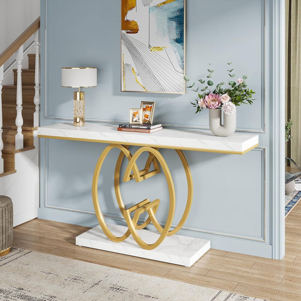 Moderne Console Tafel - Dressoirtafel met Geometrische Metalen Poten - Bijzettafel - Nep-Marmer Metaal - Wit en Goud - 140 x 35 x 80 cm