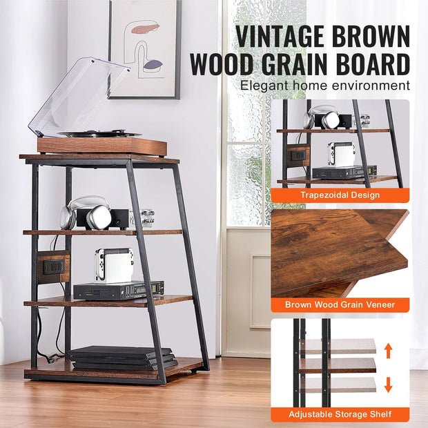 Mediastandaard met stekkerdozen - Hoek-tv-standaard - In hoogte verstelbare houten planken voor diverse media apparaten