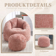 Zitzak Stoel met Voetensteun - Beanbag in Luxe Chenille Stof - Hoge Druk Schuimvulling - Ergonomisch Ontwerp - 89x88x76 cm - Roze