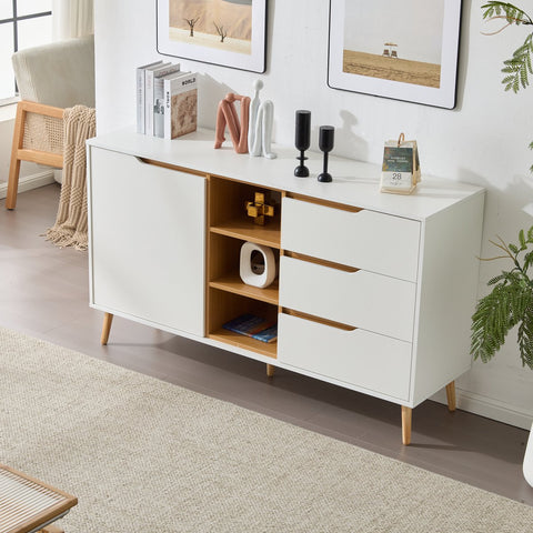 Moderne witte dressoirkast – 140x40x80,5 cm – Opbergkast met 3 lades, open compartimenten en planken – Dressoir met kantelbeveiliging – Voor woonkamer, hal of slaapkamer