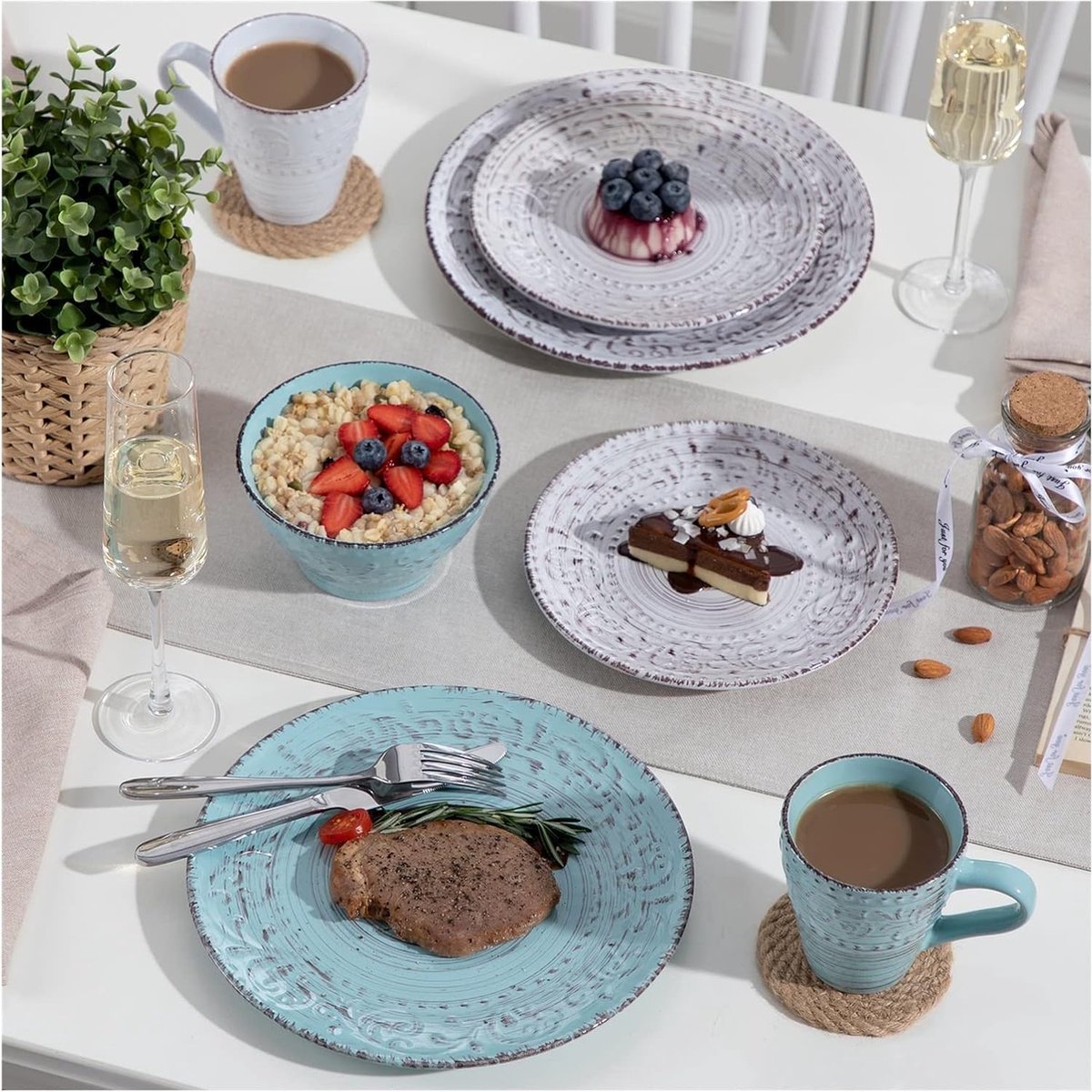Luxe Serviesset- 32 delig – 8 persoons – Porselein - Bordenset – Dinner platen – Dessertborden - Kommen - Mokken - Wit & Blauw