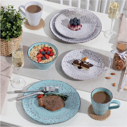 Luxe Serviesset- 32 delig – 8 persoons – Porselein - Bordenset – Dinner platen – Dessertborden - Kommen - Mokken - Wit & Blauw