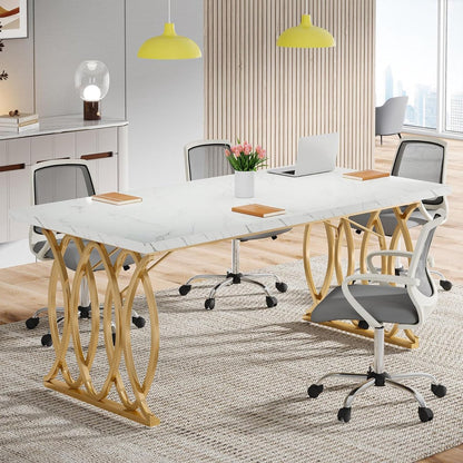 Computertafel - Bureau voor Thuiskantoor - Met Gouden Poten - Modern - Goud en Wit - 160 x 80 x 75 cm
