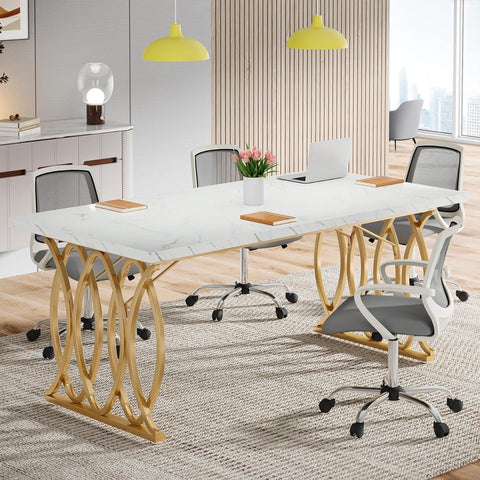 Computertafel - Bureau voor Thuiskantoor - Met Gouden Poten - Modern - Goud en Wit - 160 x 80 x 75 cm