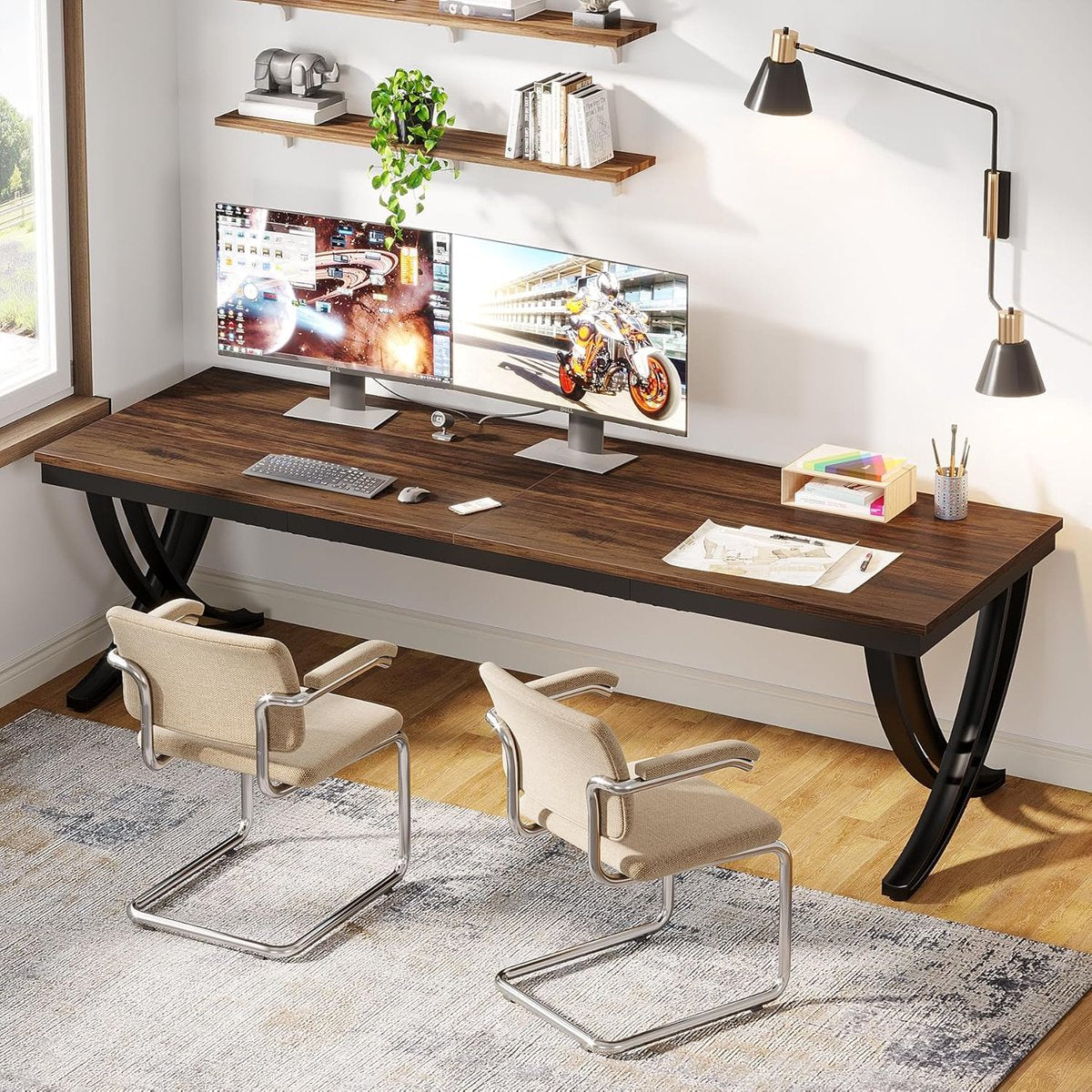 Bureau - Dubbel Lang Bureau - Computerbureau - Computer Tafel - Bureautafel - Bruin en Zwart - 200 x 70 x 75 cm - QUORE