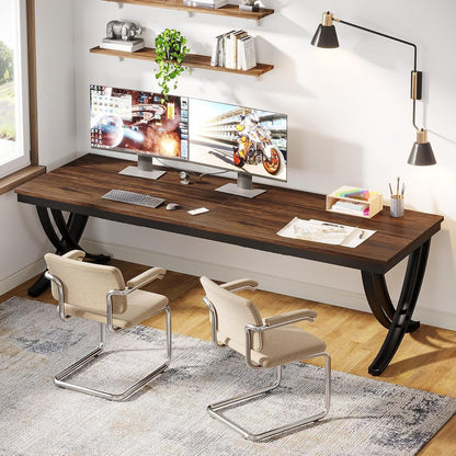Bureau - Dubbel Lang Bureau - Computerbureau - Computer Tafel - Bureautafel - Bruin en Zwart - 200 x 70 x 75 cm - QUORE