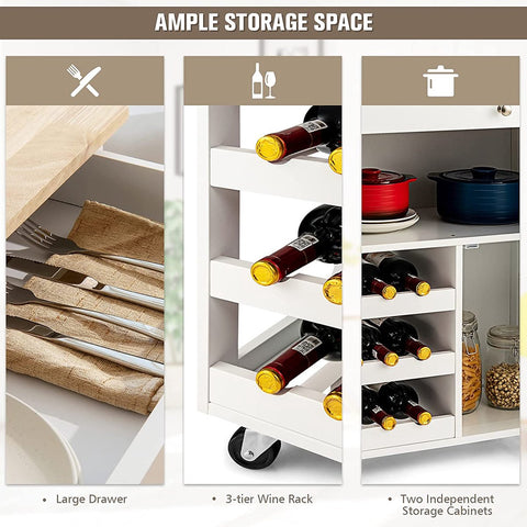 Keukentrolley, serveerwagen keukeneiland trolley met rubberen houten blad, lade, 3 rijen wijnrekken, 2 kasten, rollend opslag trolley kar, keukenwagen opbergwagen ideaal voor restaurant, keuken, bar te gebruiken (Wit)