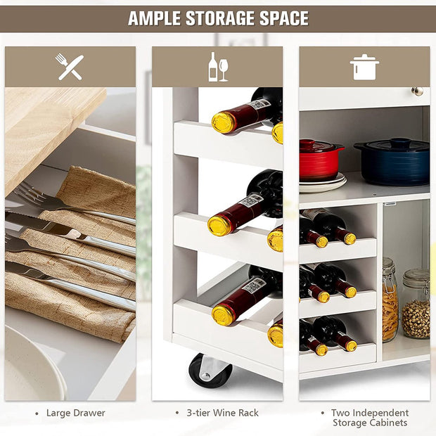 Keukentrolley, serveerwagen keukeneiland trolley met rubberen houten blad, lade, 3 rijen wijnrekken, 2 kasten, rollend opslag trolley kar, keukenwagen opbergwagen ideaal voor restaurant, keuken, bar te gebruiken (Wit)
