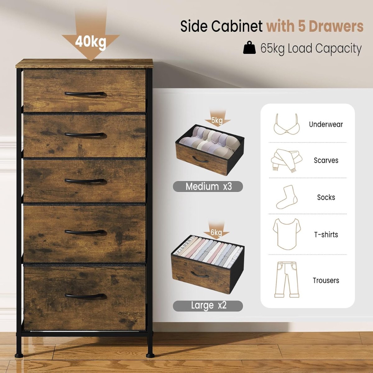 Ladekast - Ladenkastje - Ladenkast - Ladekastje - Ladekasten Slaapkamer - Commode - 45x95x30 Cm - Hout & Stof