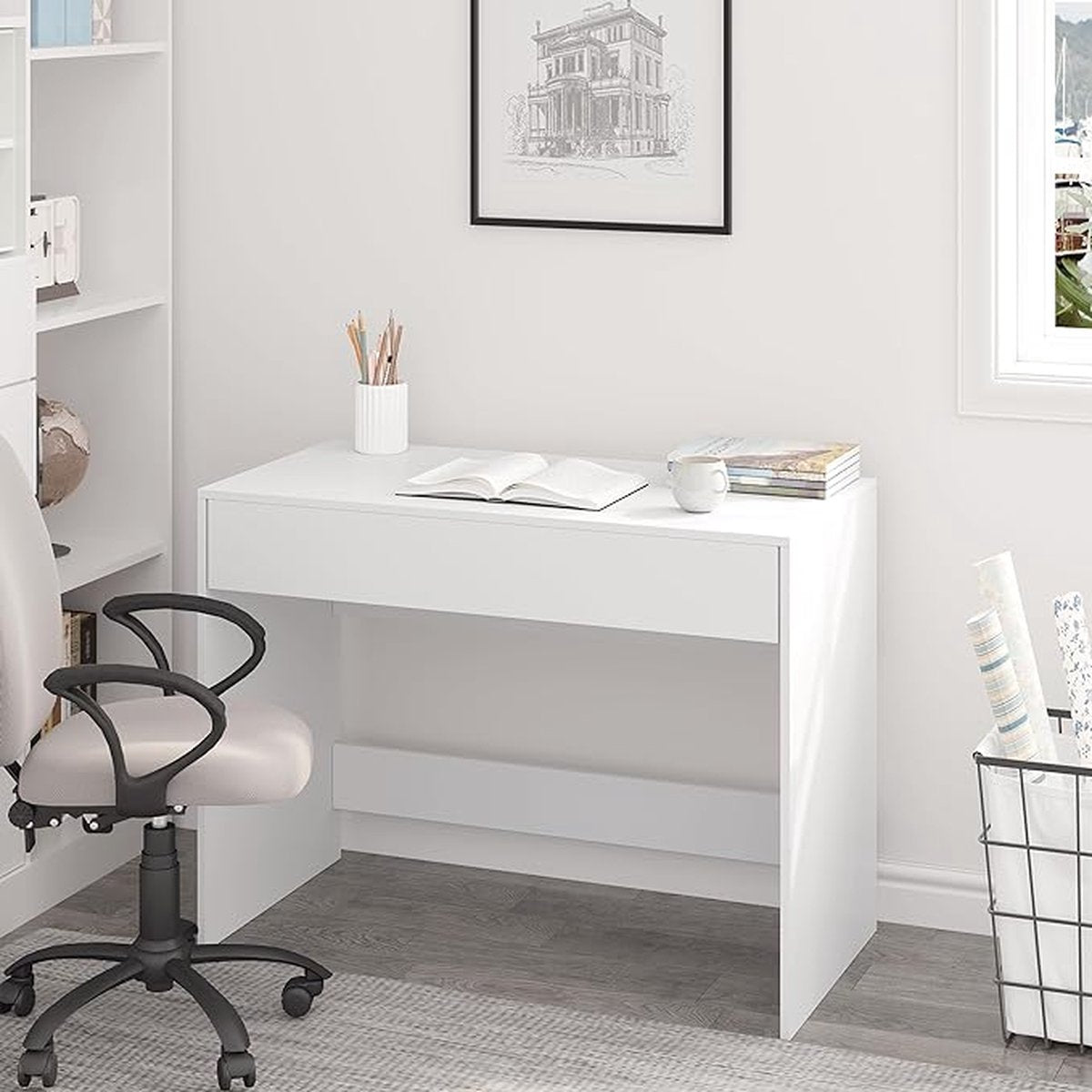 100 cm desk with drawer, suitable as computer desk, dressing table or work table for home or small office. Colour: white.