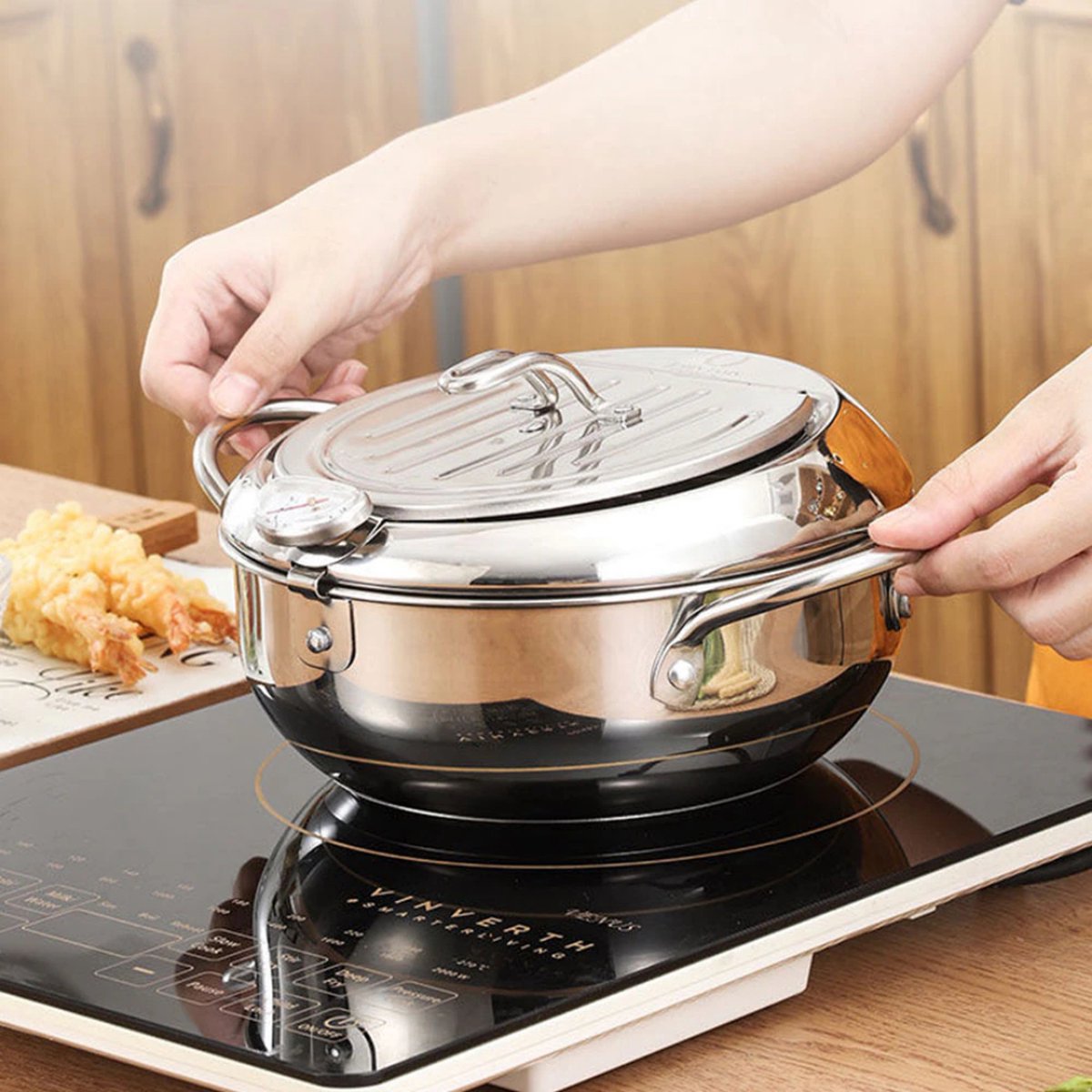 Kleine Frituurpan - Mini Friteuse - Mini Frituurpan - 2,2 Liter -Roestvrij Staal - Japanse frituurpan - met Thermometer - en Deksel Keuken Tempura Frituurpan - Kookpot