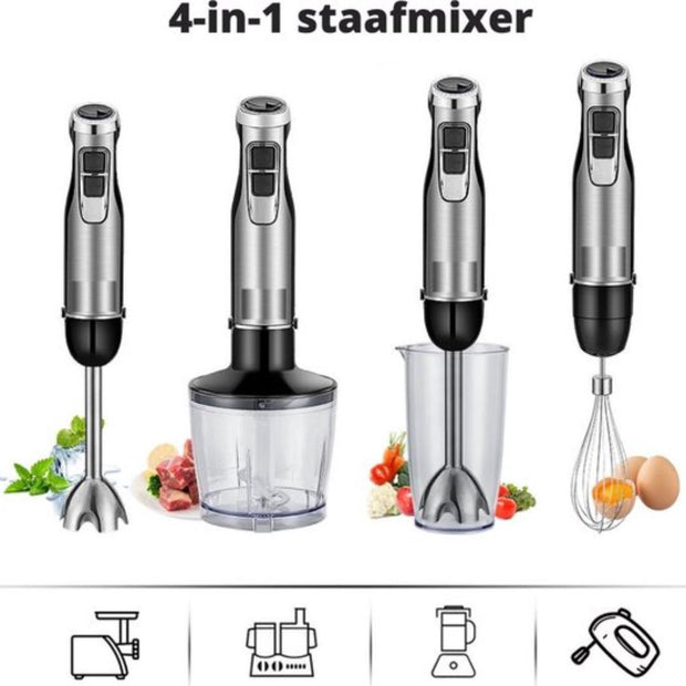 4-in-1 Staafmixer Set - Hakmolen - Hand Blender - 6 snelheden - 1200W - Incl. Accessoires