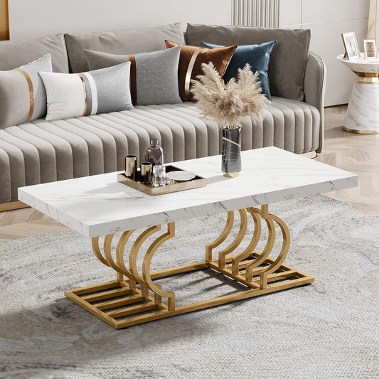 Salontafels Modern - Salontafel met Geometrisch Frame - Bijzettafel Goud - Tafel - Sidetable - Nep-Marmer - 120 x 50 x 50 cm