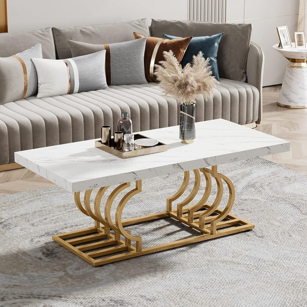 Salontafels Modern - Salontafel met Geometrisch Frame - Bijzettafel Goud - Tafel - Sidetable - Nep-Marmer - 120 x 50 x 50 cm