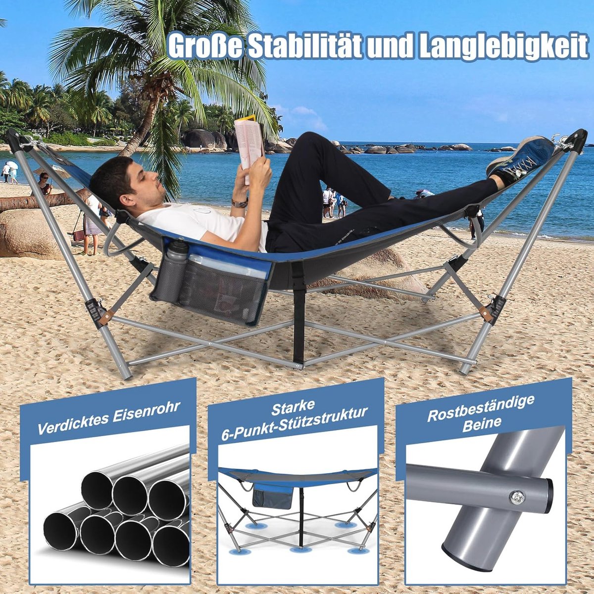 Opvouwbare hangmat met frame en zijvak - draagbaar - 150 kg draagvermogen - voor gebruik binnen en buiten