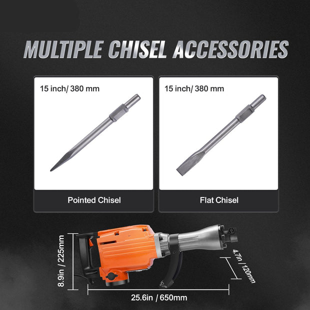 Breekhamer - 2200W - Elektrische Sloophamer - 360° Verstelbare Handgreep - Met 2 Beitelset - Voor Beton en Blokken