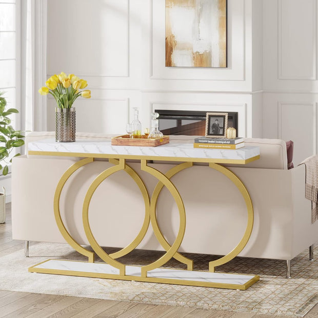 Consoletafel - Sidetable - met O-vormige Gouden Metalen Poten - Haltafel - Wandtafel - 140x30x80 cm - Goud en Wit - Metaal en Hout - Modern - Console Tafel