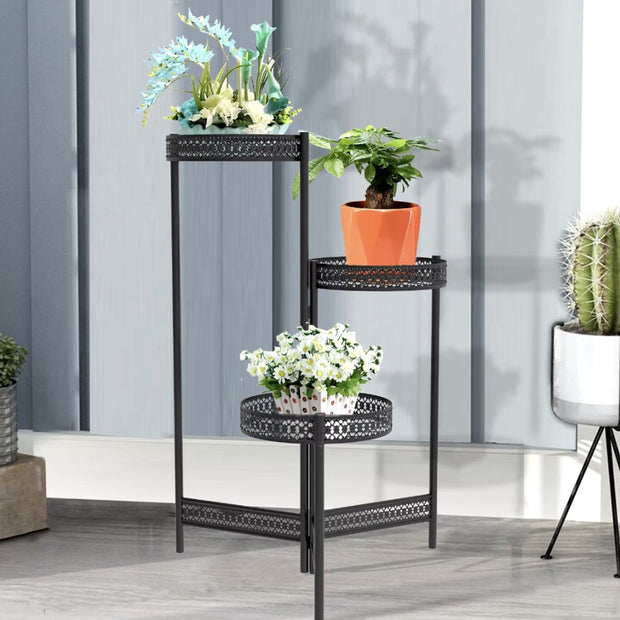 Plantenstandaard - Plantenrek - Bloempotten rek - 3 laags - Opvouwbaar - Metaal - Zwart