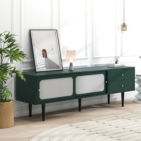 TV-Meubel - Groen met Wit Rotan - met 2 Rotan Schuifdeuren - 2 Laden - 4 Vakken met Verplaatsbare Planken