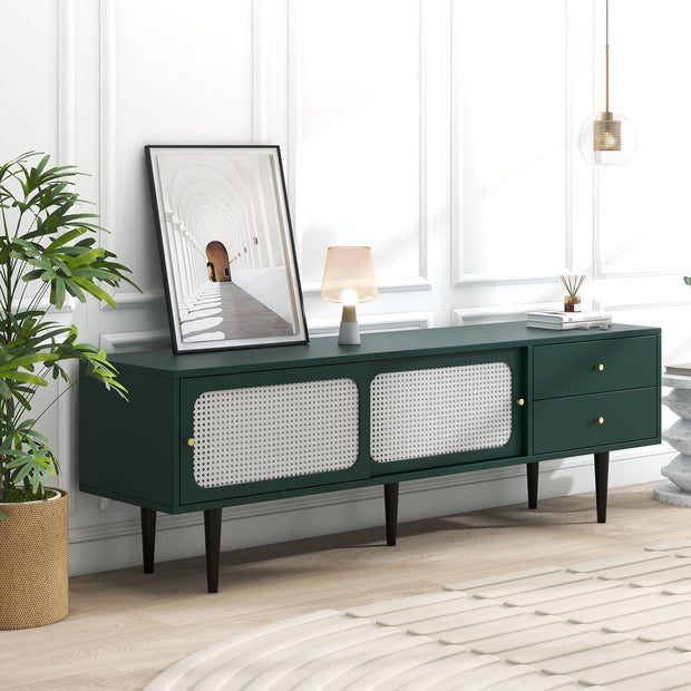 TV-Meubel - Groen met Wit Rotan - met 2 Rotan Schuifdeuren - 2 Laden - 4 Vakken met Verplaatsbare Planken